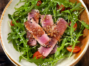 sesame-seed-crusted-seared-ahi-tuna-and-arugula-salad-with-a-garlic-ginger-and-soy-dressing